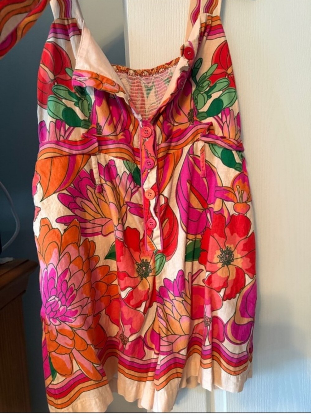 Farm Rio Pink & Orange Floral Prin Tiet Belt Romper Side Pockets Large - Picture 2 of 4